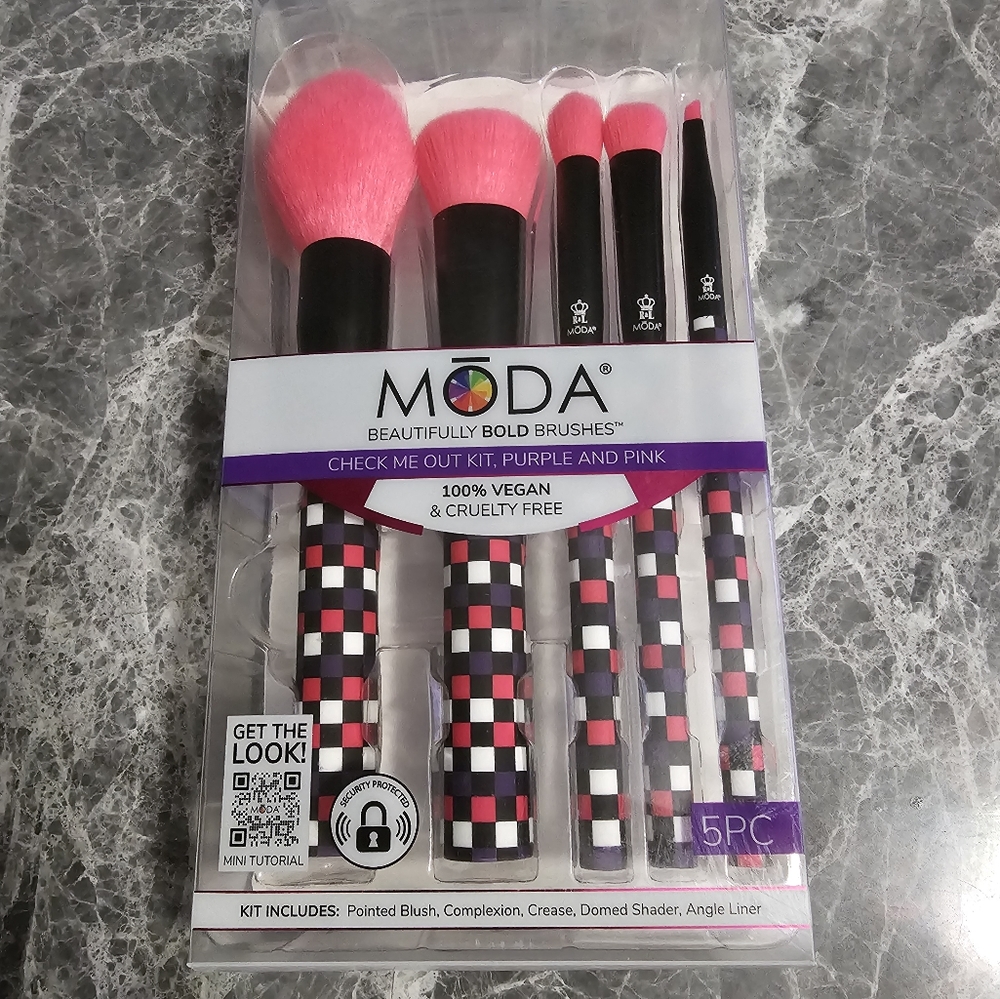 MODA Beautifully Bold 5pc Makeup Brush Kit - Purple & Pink Checkered